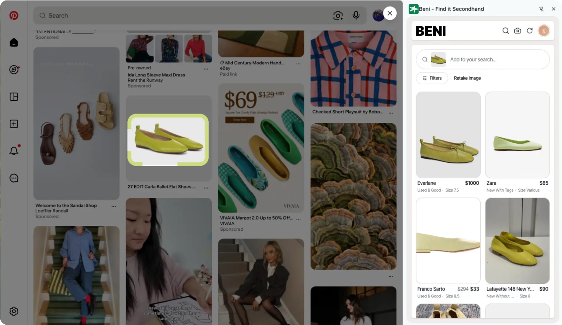 Beni Lens panel showing secondhand ballet flat matches from a Pinterest image