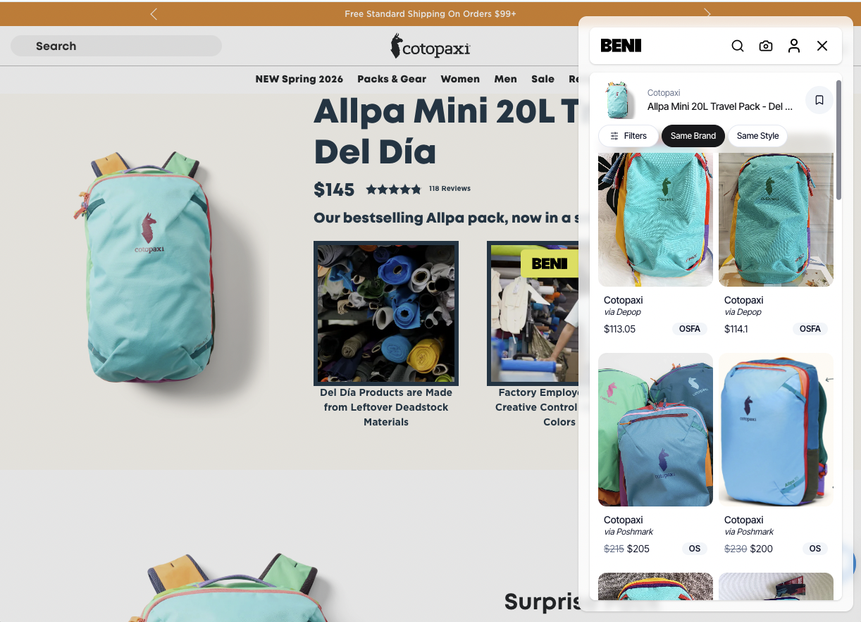 Beni browser extension shown on a product page