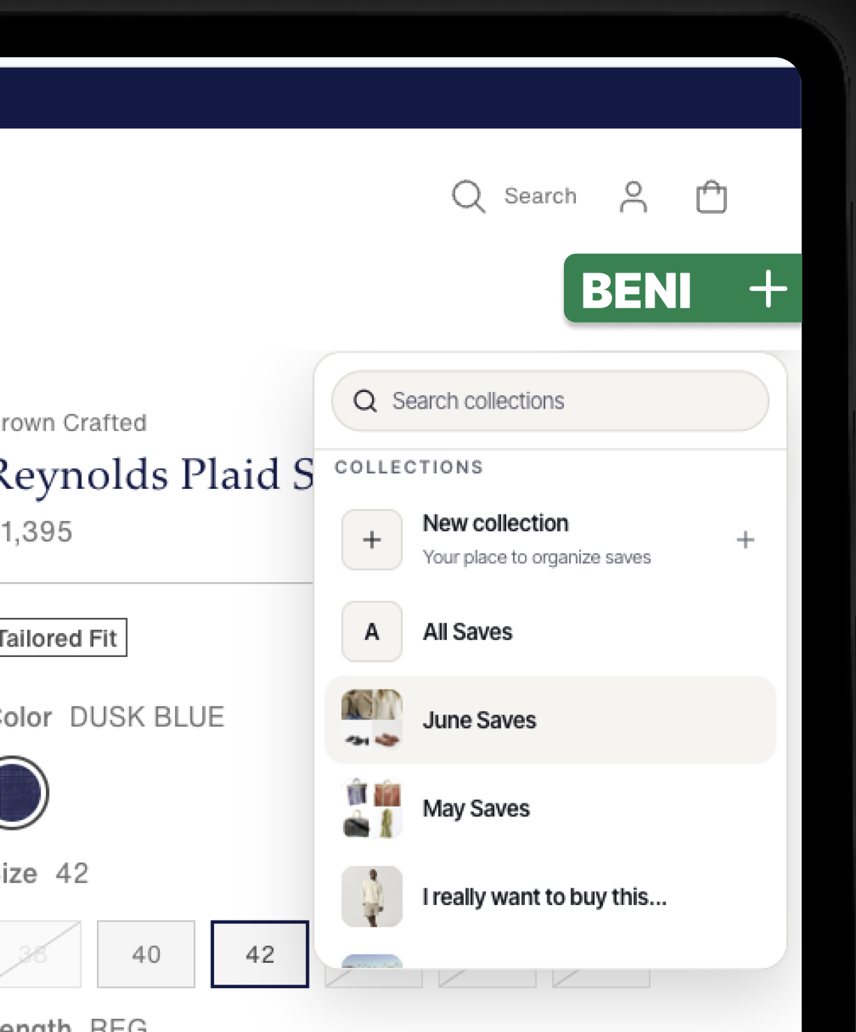 Saving a product to a Beni board from the browser extension