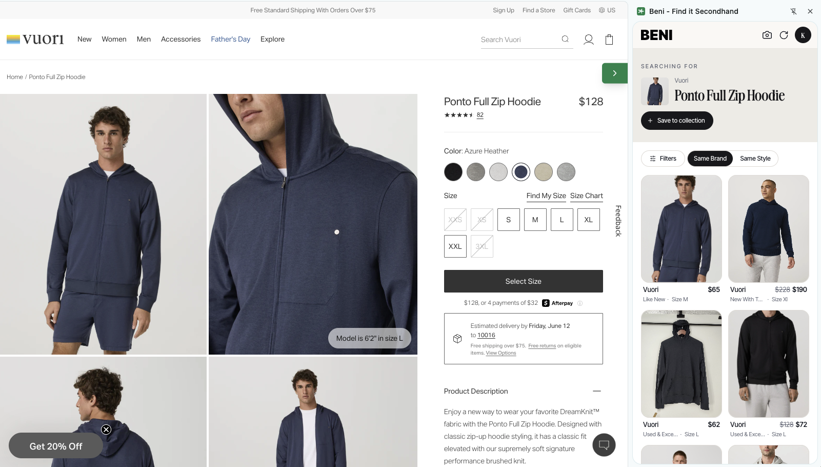 Beni browser extension surfacing secondhand matches on a product page