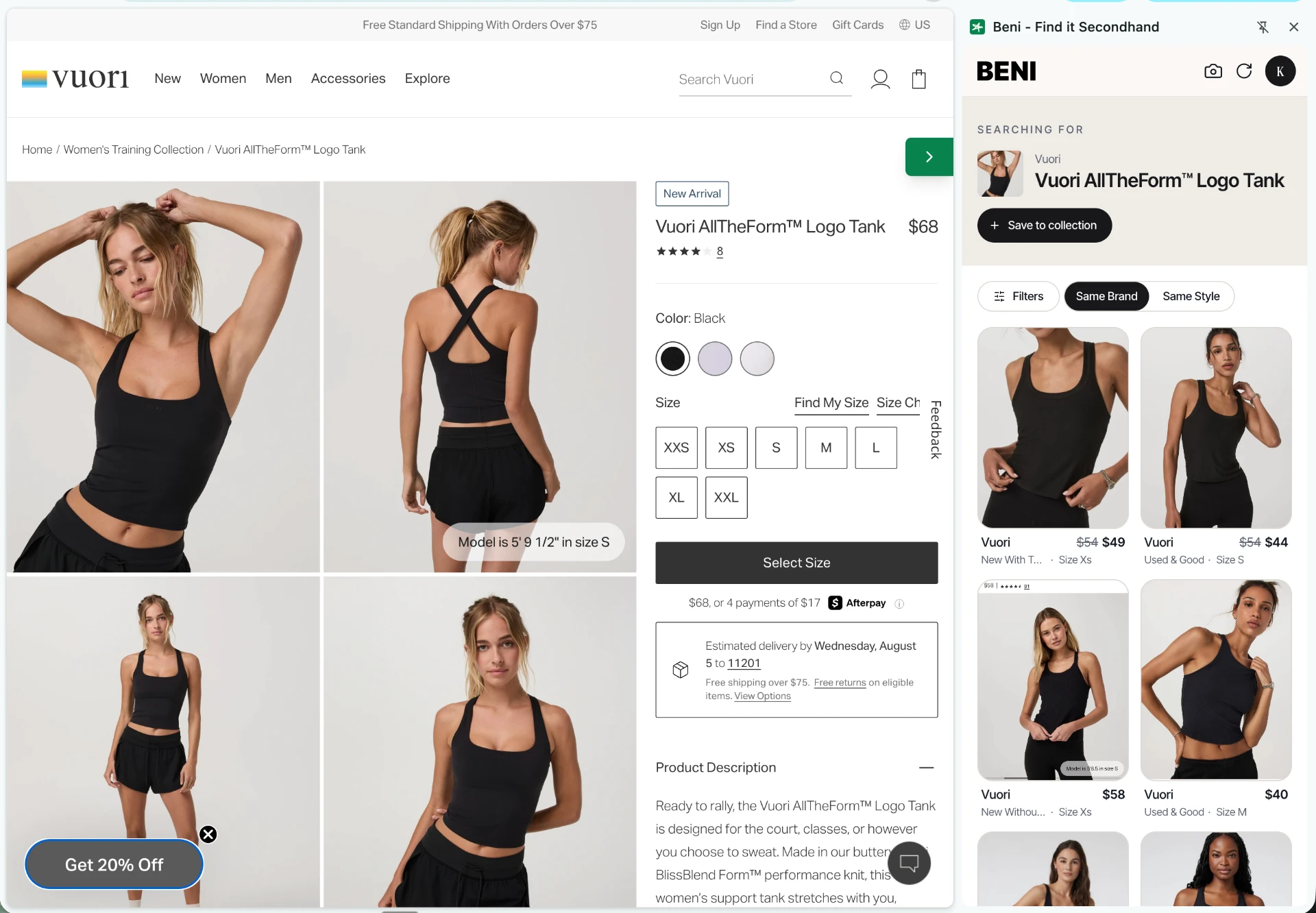 Beni extension finding secondhand matches on a Vuori product page