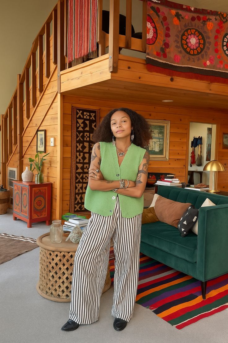 Green knit vest with striped trousers
