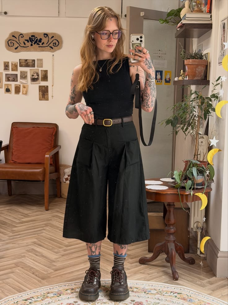 Black tank with pleated culottes