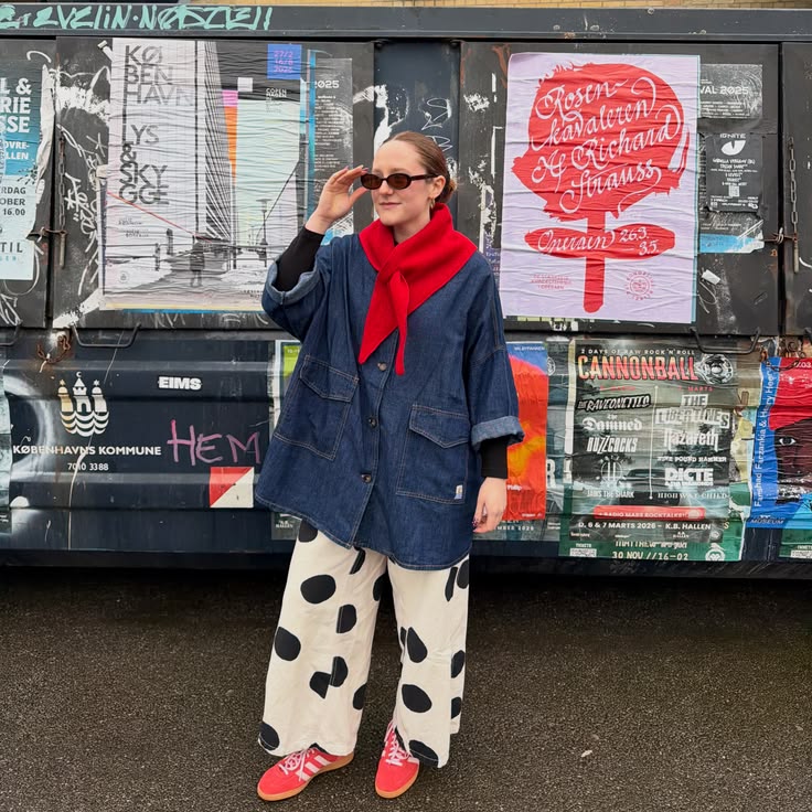 Denim chore coat with polka dot trousers