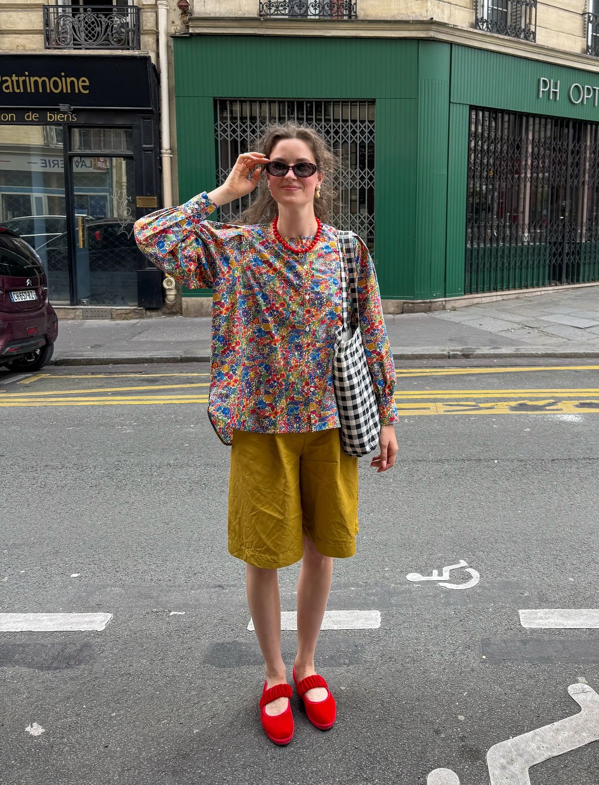 Liberty floral blouse with olive shorts
